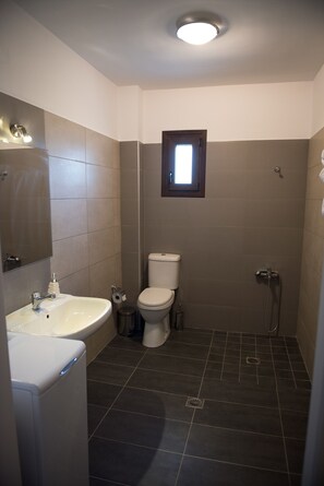 Studio | Bathroom | Shower, hair dryer, slippers, towels