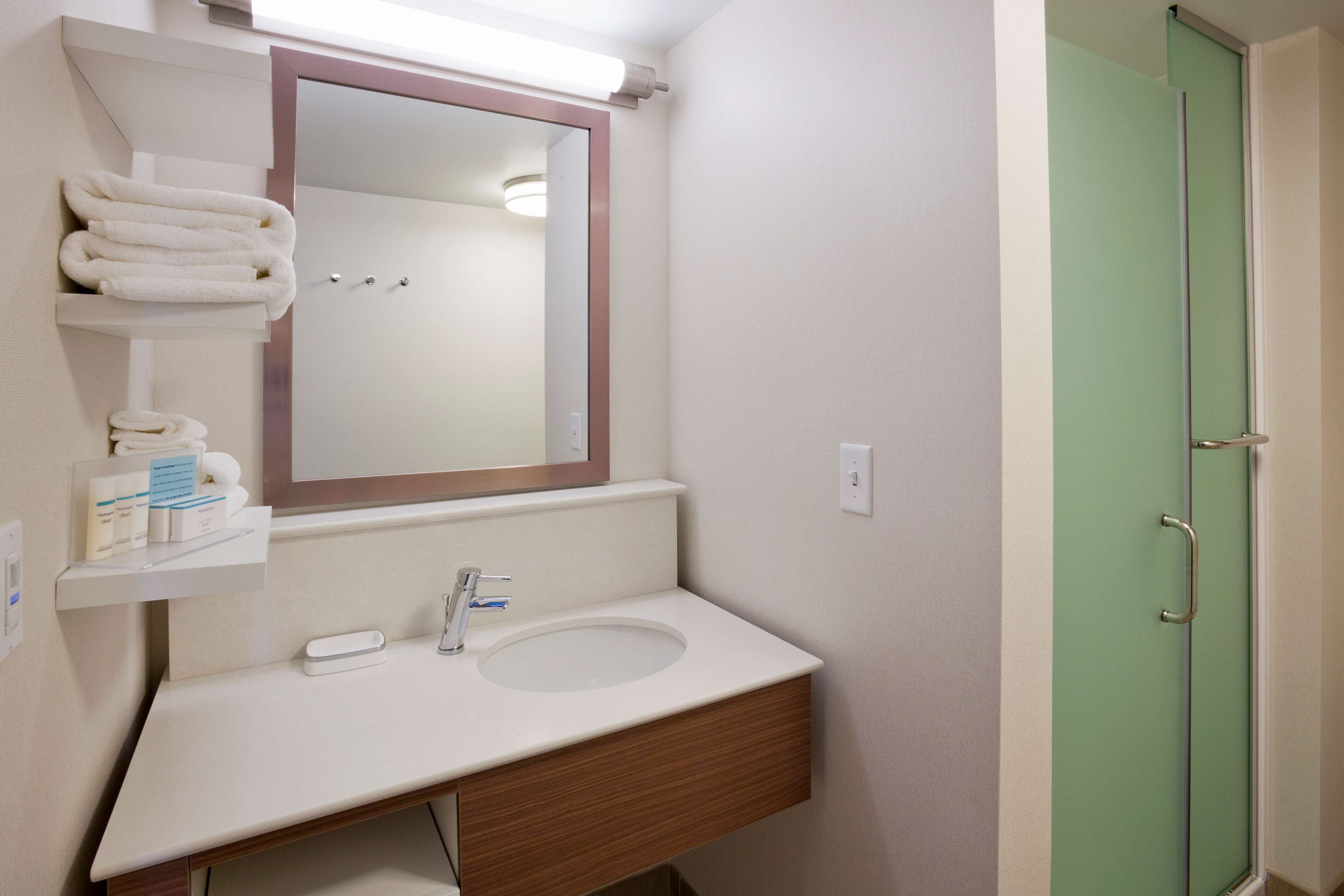 A bathroom with a white sink, a mirror, and a green door.