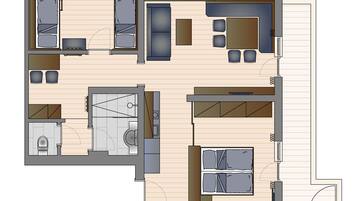 Plano de una habitación de hotel con sala de estar independiente, baño y kitchenette.
