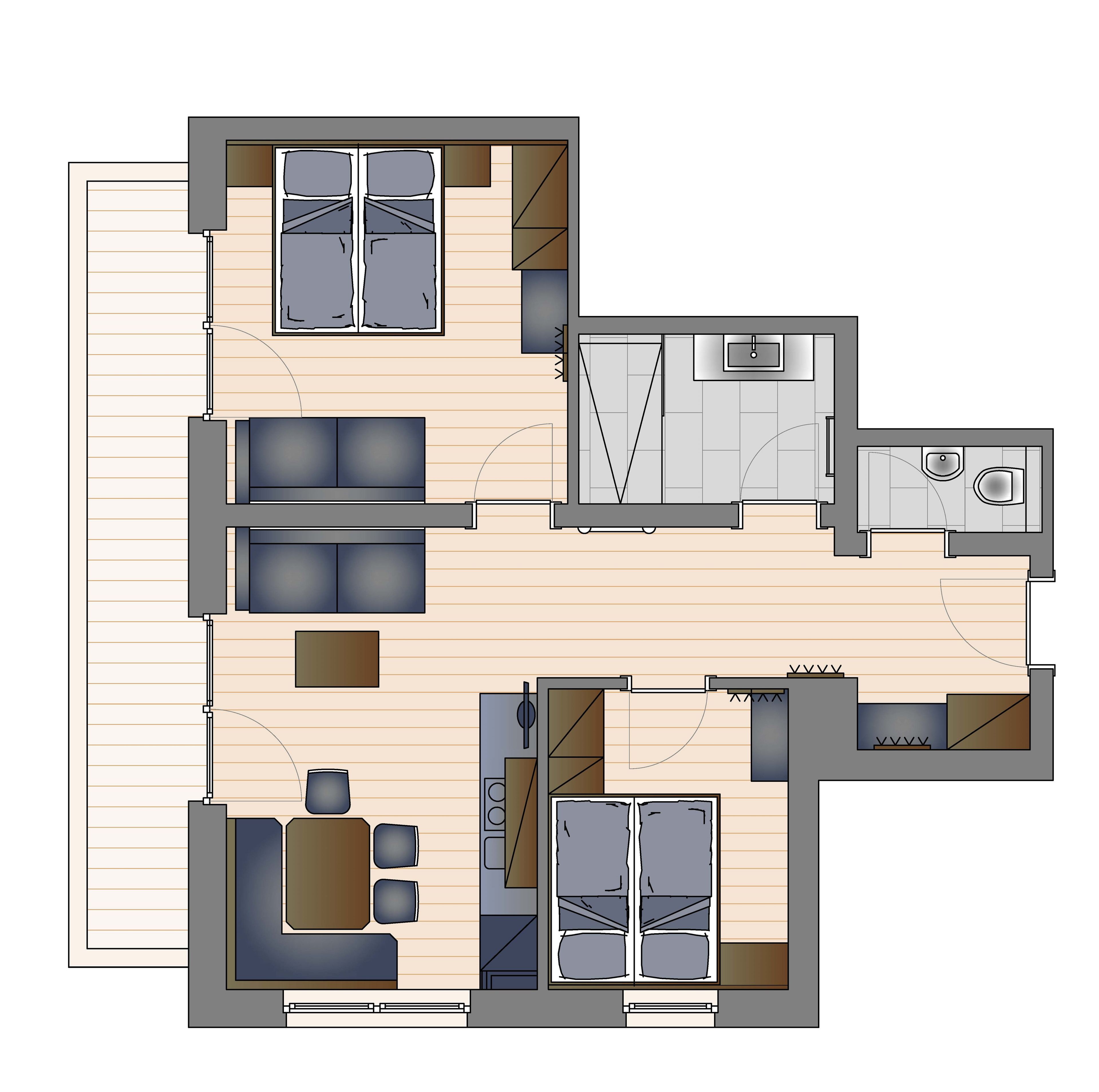 A floor plan of a hotel room with a living area, a kitchen, a bathroom, and a balcony.