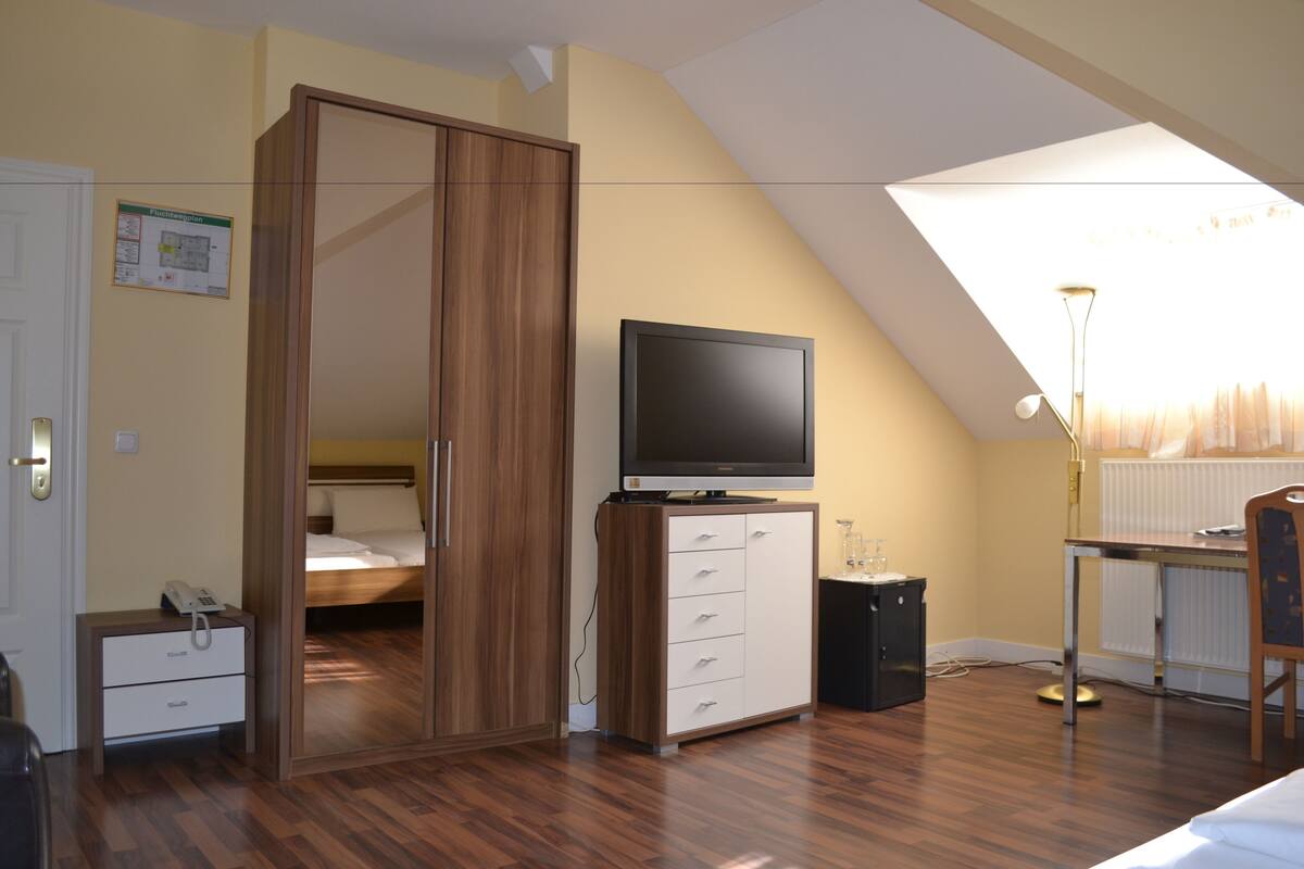 A bedroom with a bed, wardrobe, desk, and television.