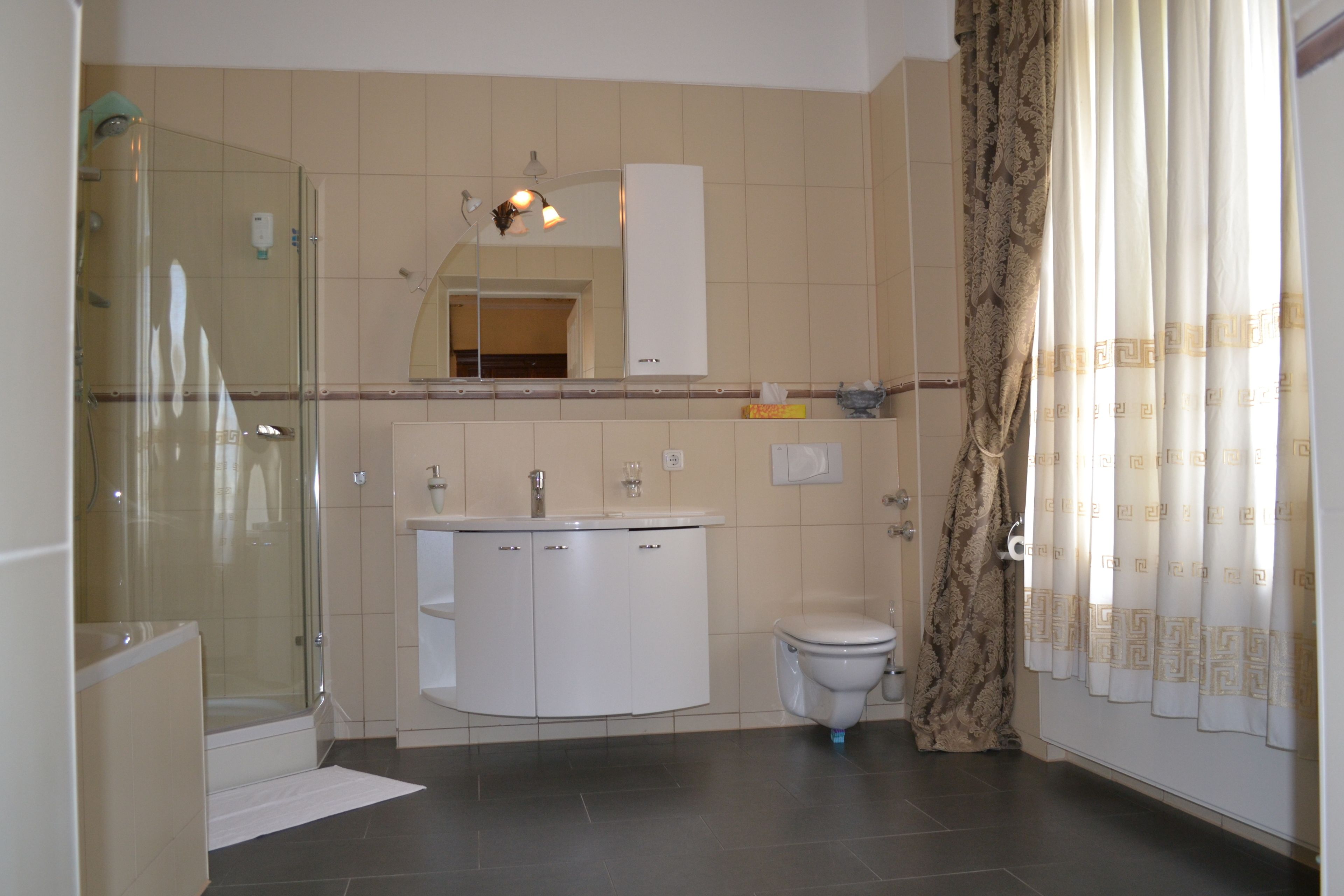 Une salle de bain avec une douche à parois de verre, un lavabo blanc avec un miroir au-dessus et des toilettes.