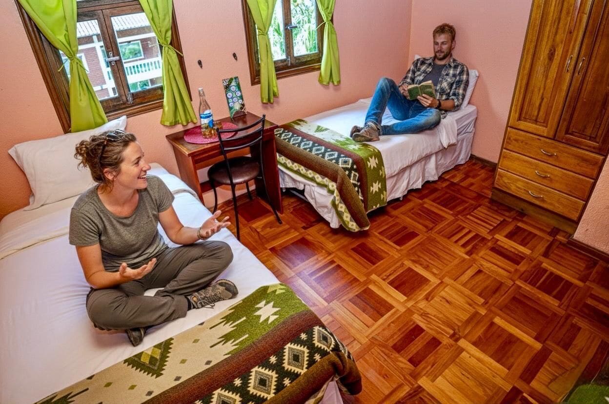 基础双床房, 2 张单人床, 简易厨房, 花园景观 (Baño Compartido) | 高档床上用品、羽绒被、加厚床垫、客房内保险箱