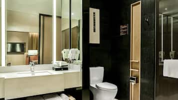 Shower, hydromassage showerhead, free toiletries, hair dryer