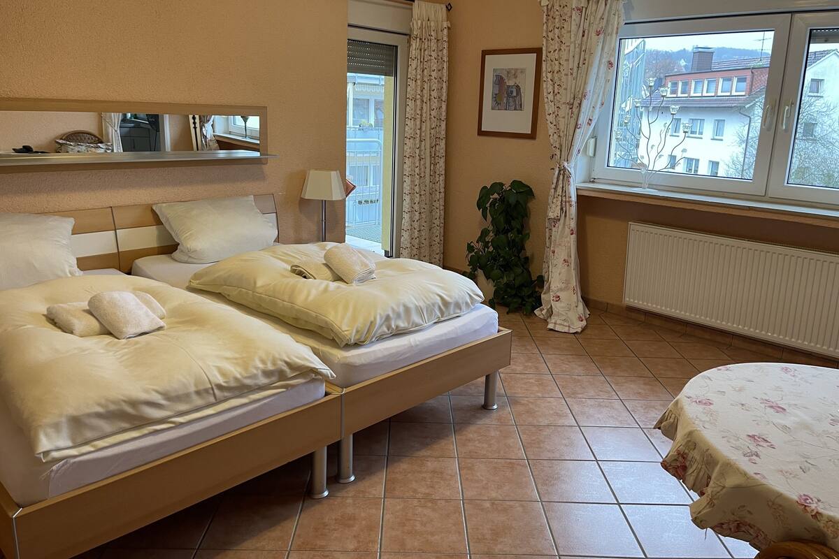 A hotel room with a double bed, a bedside table, a lamp, a potted plant, and a view of buildings through the window.