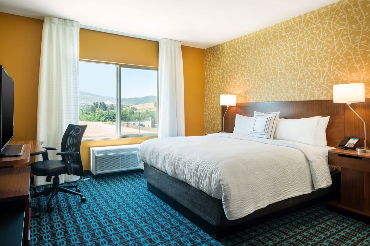 Habitación de hotel con una cama grande, un escritorio con una silla, televisión y vistas al exterior.