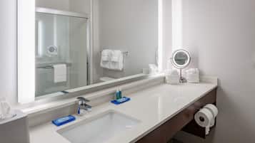 Eco-friendly toiletries, hair dryer, towels