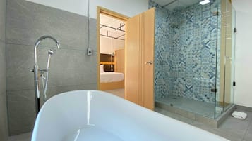 Ducha, cabezal de ducha tipo lluvia, secador de pelo, toallas