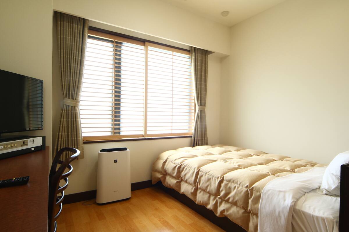 A bedroom with a bed, a TV, and a heater.