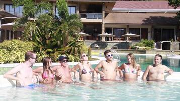 Outdoor pool, pool umbrellas, pool loungers