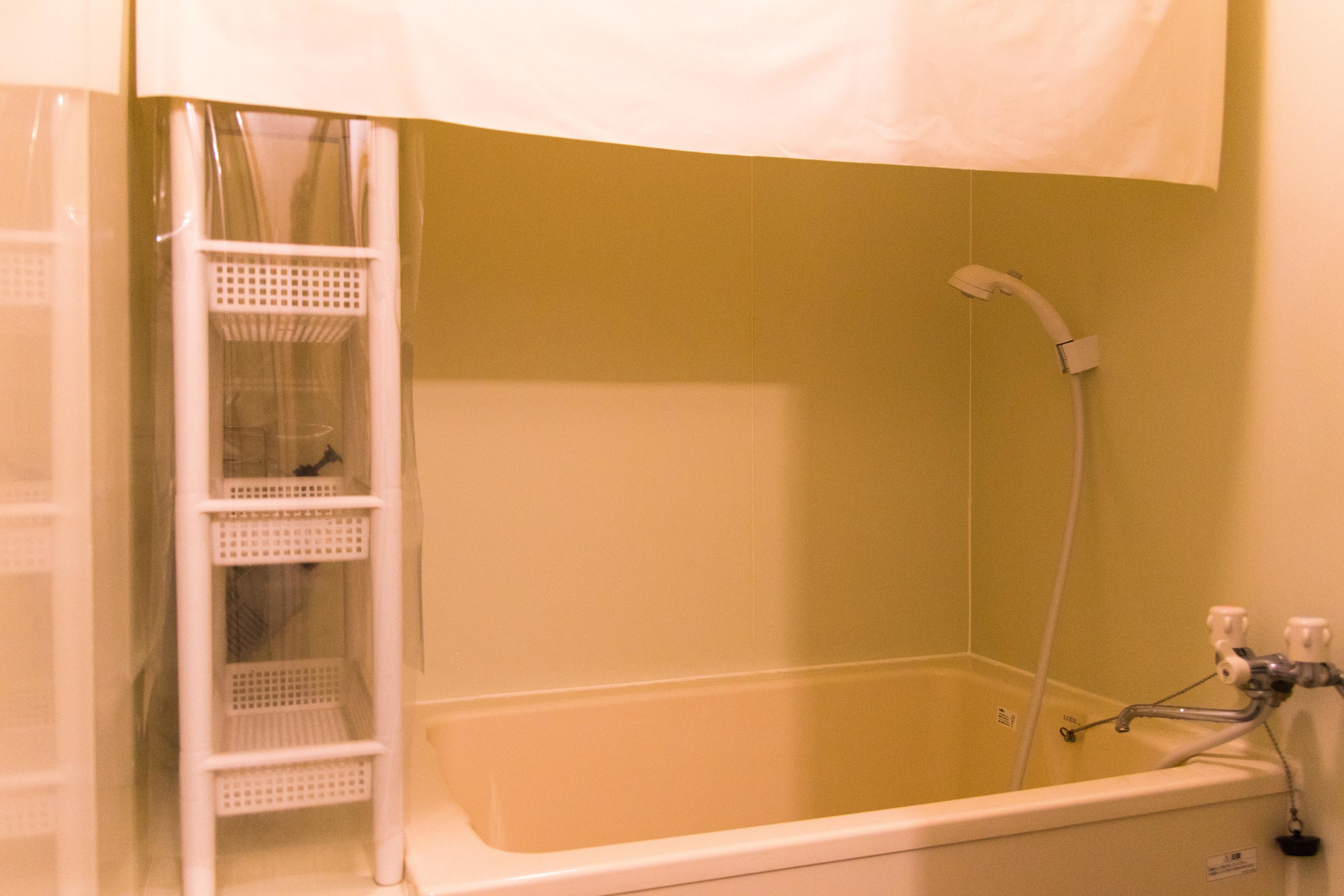 Een badkamer met een bad, een douche en een witte schapenkast.