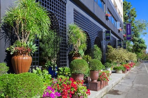 Eine Hotelansicht mit großen Kübelpflanzen und Blumenkästen entlang des Bürgersteigs.