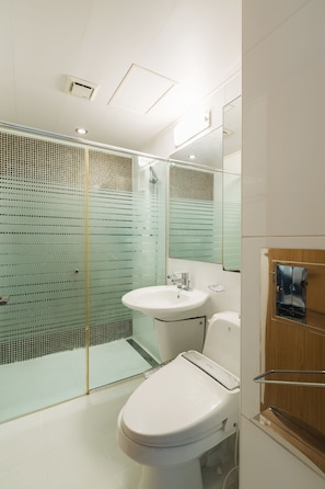 Lyxlägenhet - 2 sovrum - kök - utsikt mot staden | Badrum | Dusch, gratis toalettartiklar, hårtork och tofflor