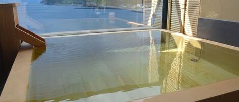 A glass-enclosed balcony with a view of the sea and hills.