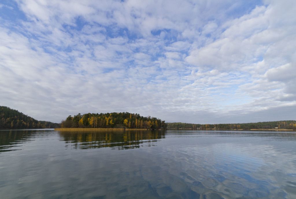 A calm lake with a forested island in the center.