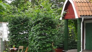 Un jardín con una silla y mesa de madera, una planta verde grande y un edificio pequeño con techo rojo.