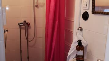A bathroom with a shower, a sink, and a mirror.