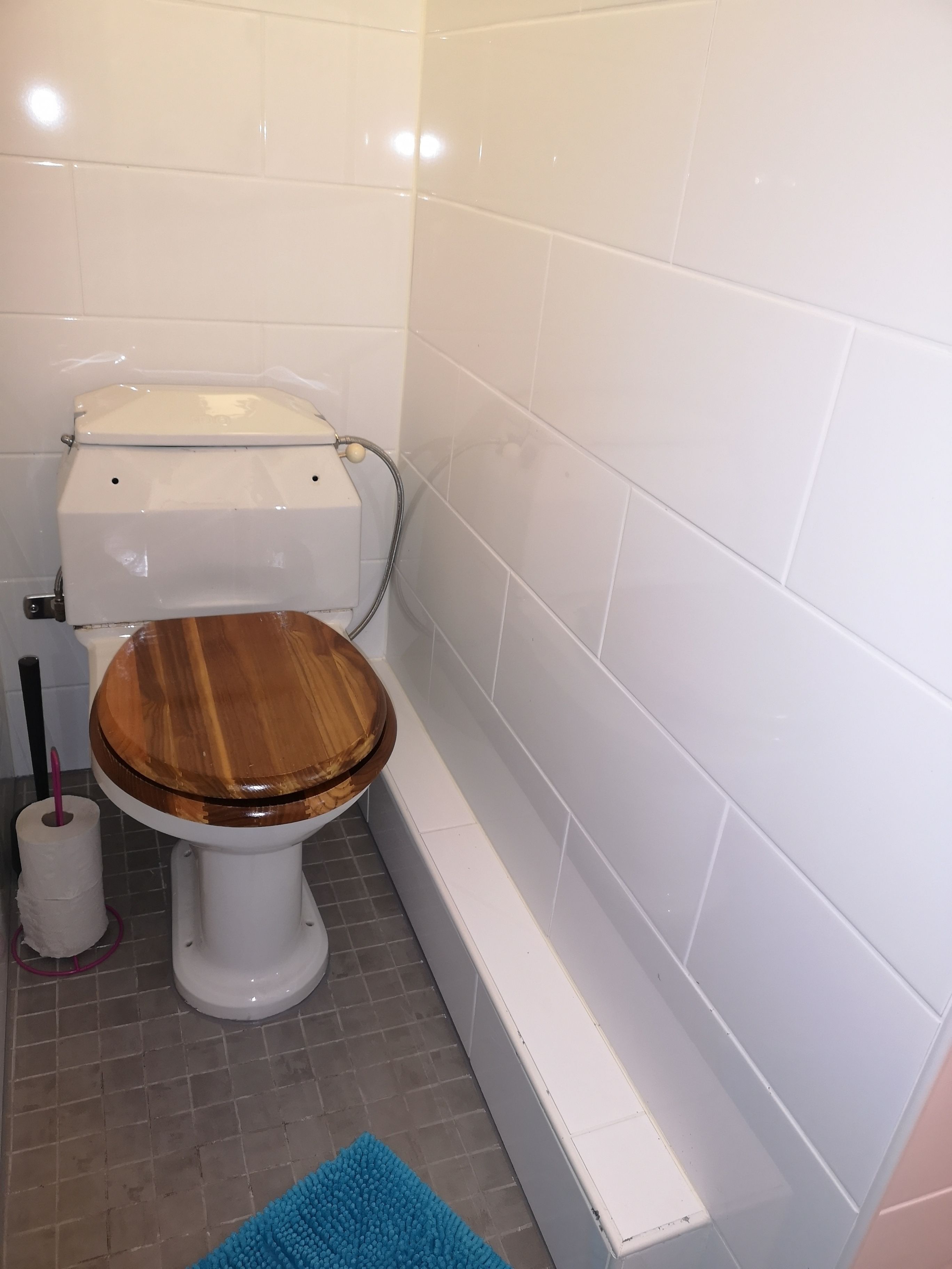 A bathroom with a white toilet, a wooden seat, a blue mat, and a white bathtub.