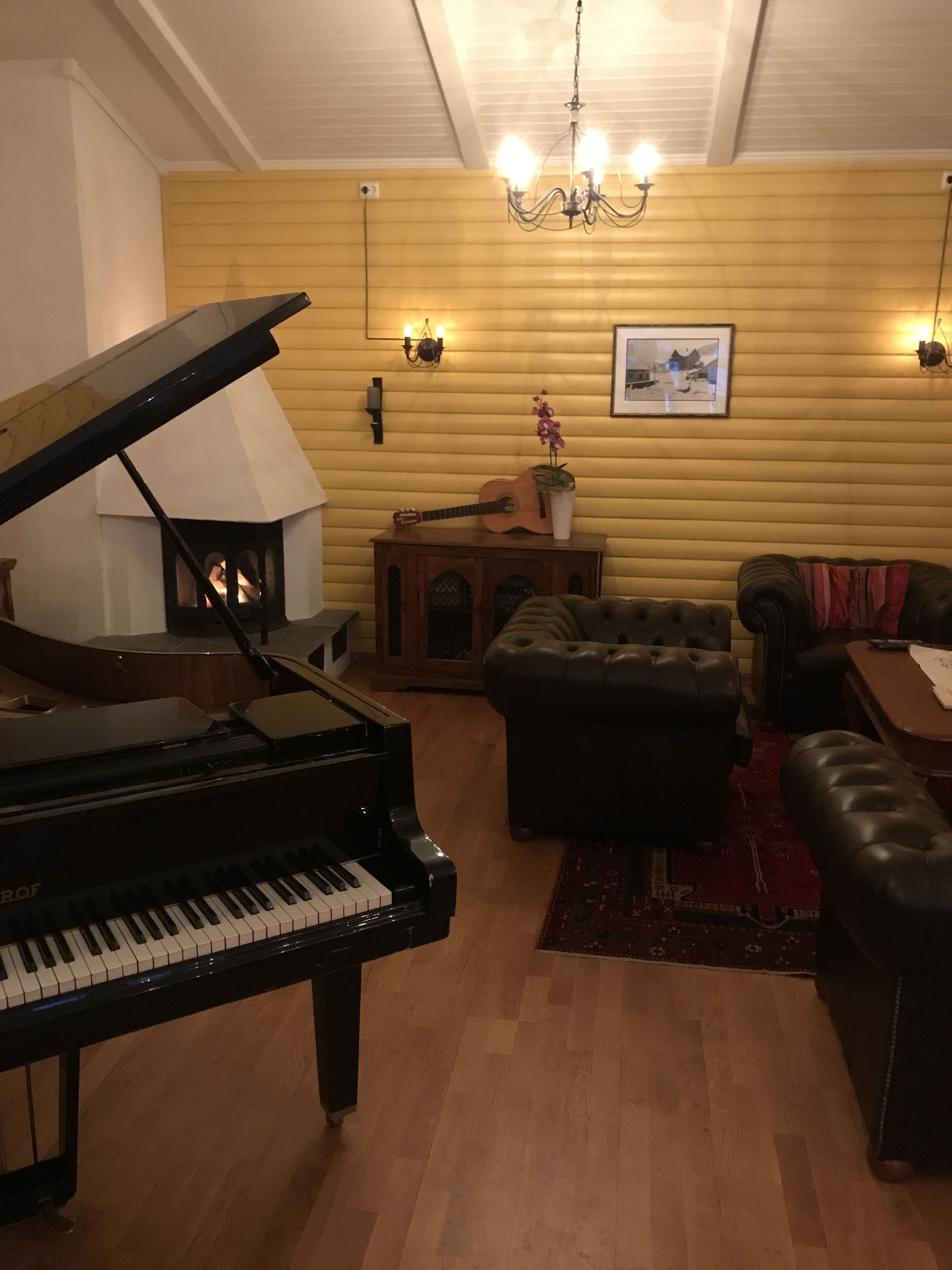 A living room with a grand piano, a fireplace, a couch, and a rug.