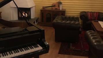 A living room with a grand piano, a fireplace, a couch, and a rug.