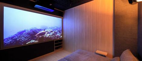 A modern room with a large flat-screen TV, a sofa, and a sound system.