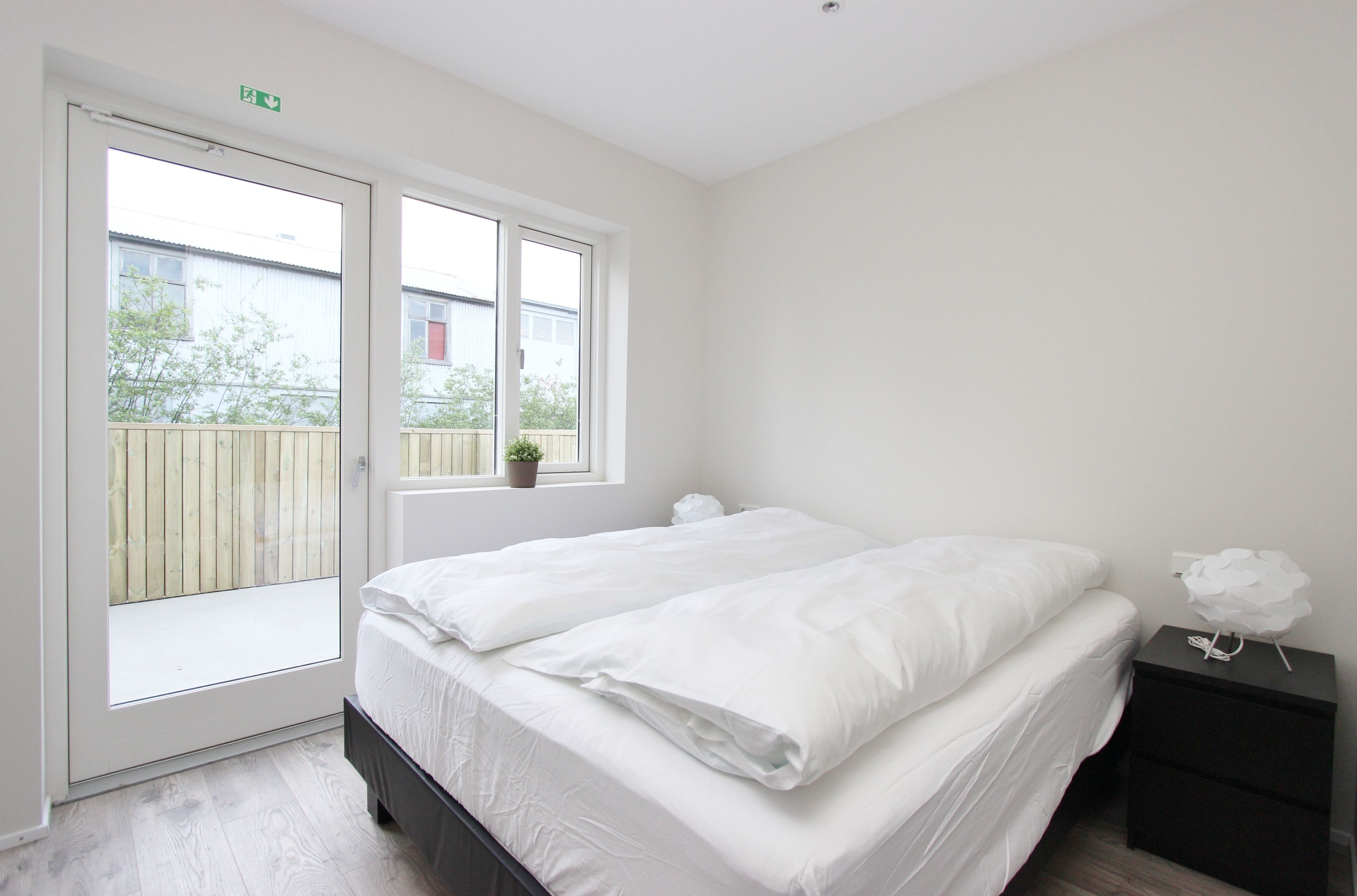 A bedroom with two beds, a window, a small plant, and a nightstand.