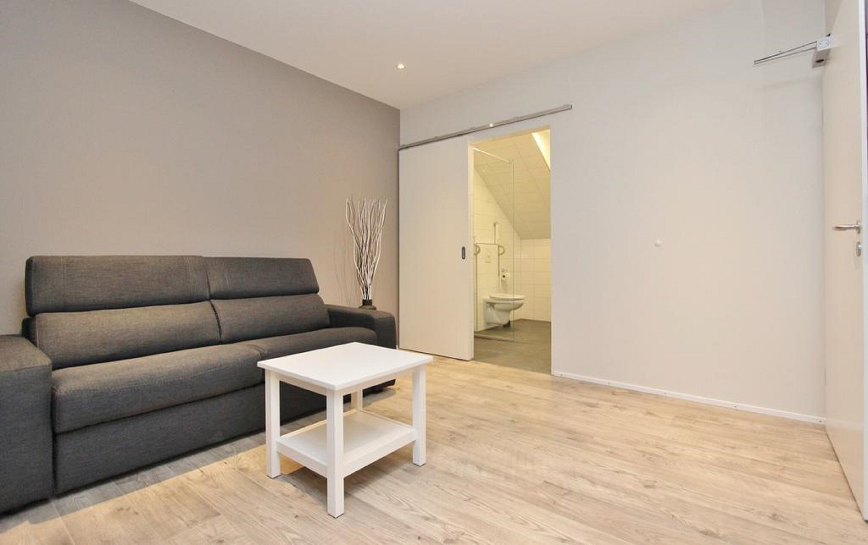 Una sala de estar moderna con un sofá gris, una mesita auxiliar blanca y suelo de madera.
