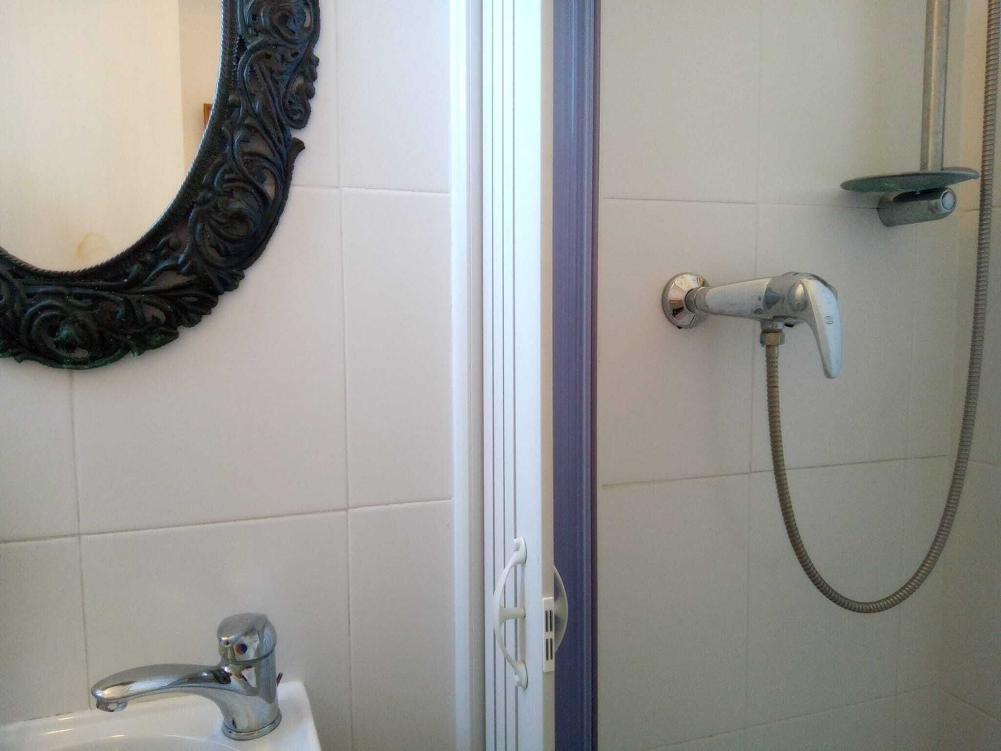 Une salle de bain avec une douche, un lavabo et un miroir décoratif.