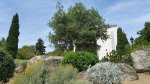 A garden with large rocks, a white building with a sign, and various trees. - Hôtel Cala di l'Oru (L'Île-Rousse)