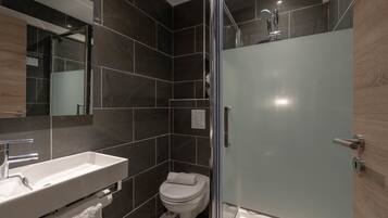A modern bathroom with a glass shower enclosure, a white sink, and a toilet.