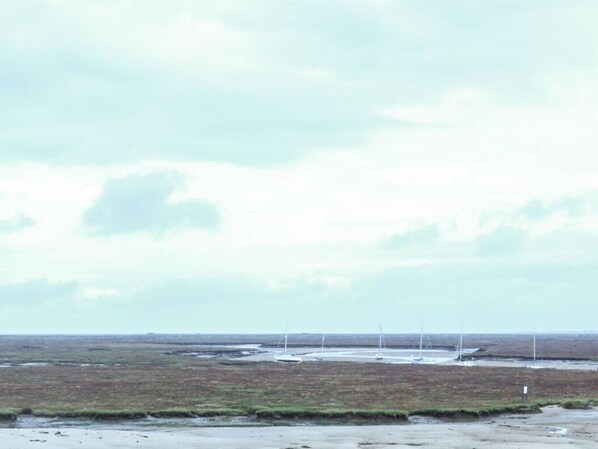 A coastal landscape with a sandy beach and a grassy area. - The Quay B&B (Wells-next-the-Sea)