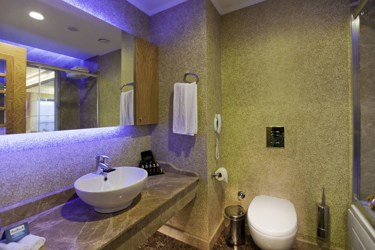 A bathroom with a marble sink, a toilet, and a shower area.