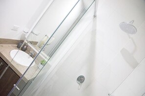 A modern bathroom with a glass shower enclosure, a white sink, and a showerhead.