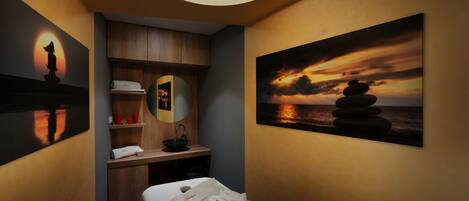 A spa room with a massage table, a sink, and a shelf with towels and toiletries.