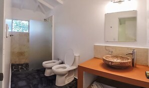 Ein Badezimmer mit zwei Toiletten, einem großen Spiegel und einem hölzernen Waschtisch.