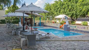 Outdoor pool, pool umbrellas, pool loungers