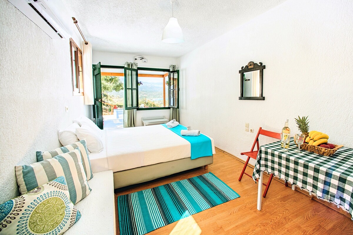 A compact room with a bed, a dining table with a checkered tablecloth, and a view through open windows.