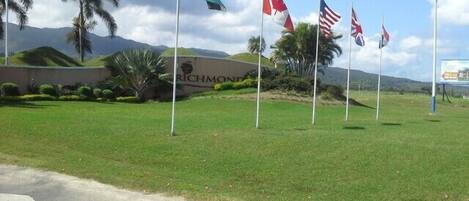 A grassy area with multiple flags, including the Canadian and American flags, and a sign that reads "Richmond".