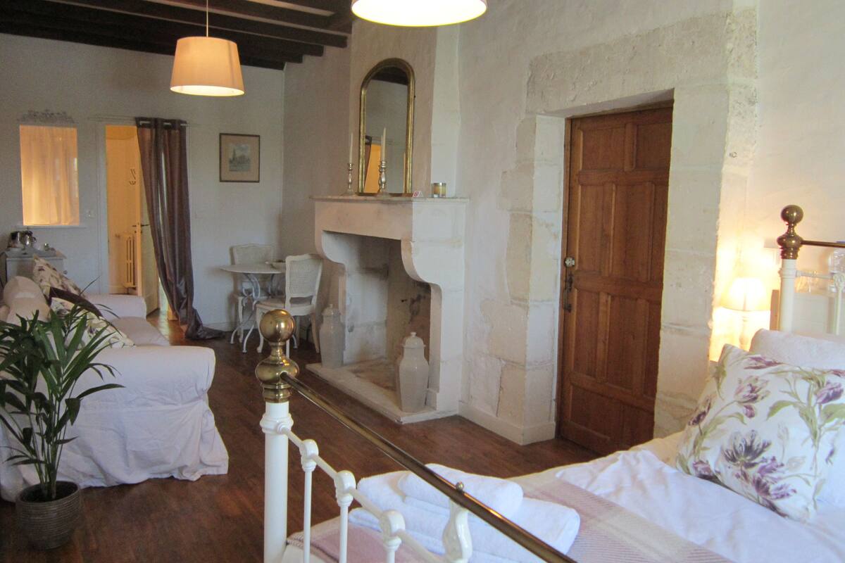 Une pièce avec une cheminée, un lit, une chaise et une table.
