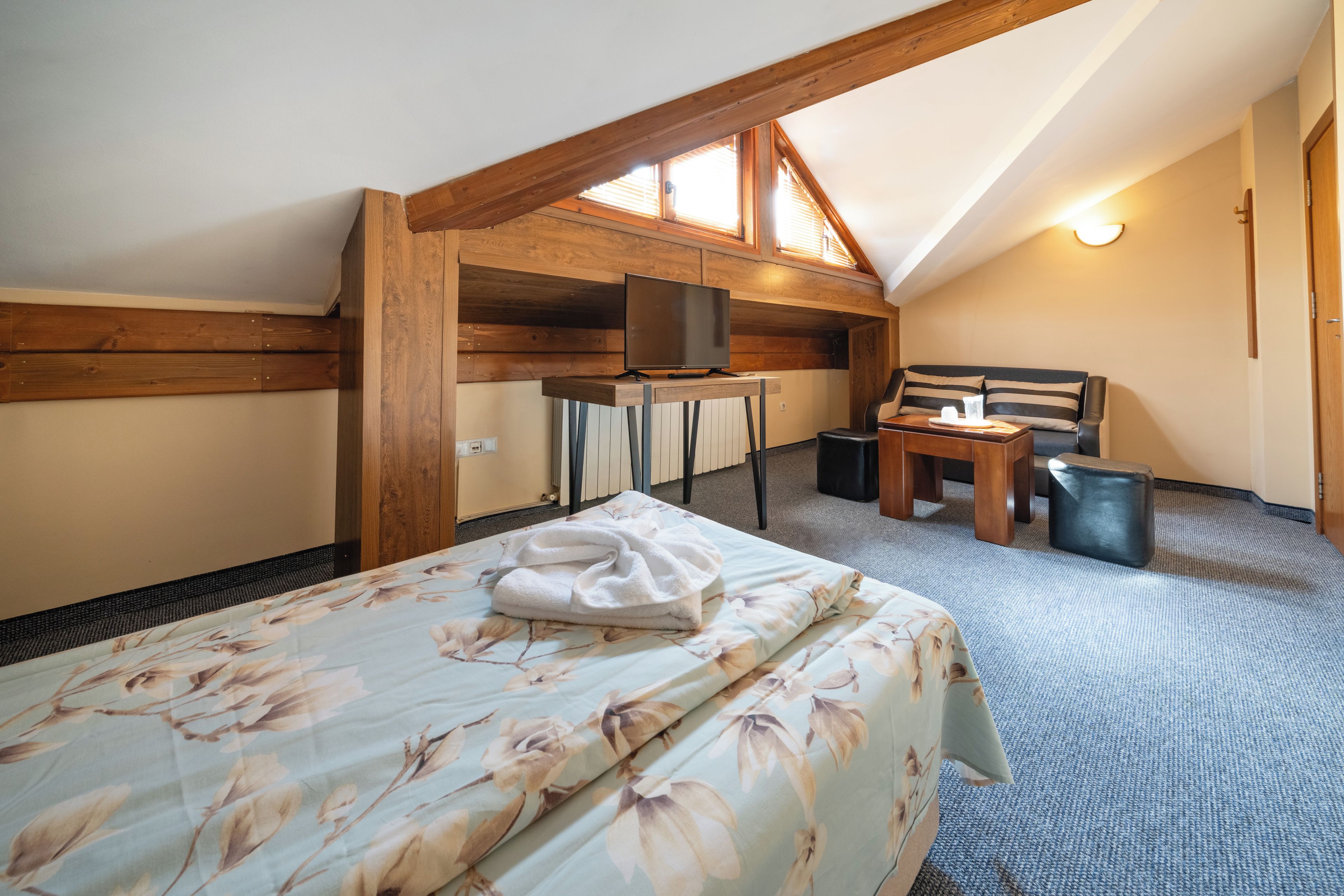 Une chambre à coucher avec un lit, un bureau, une chaise et un téléviseur.