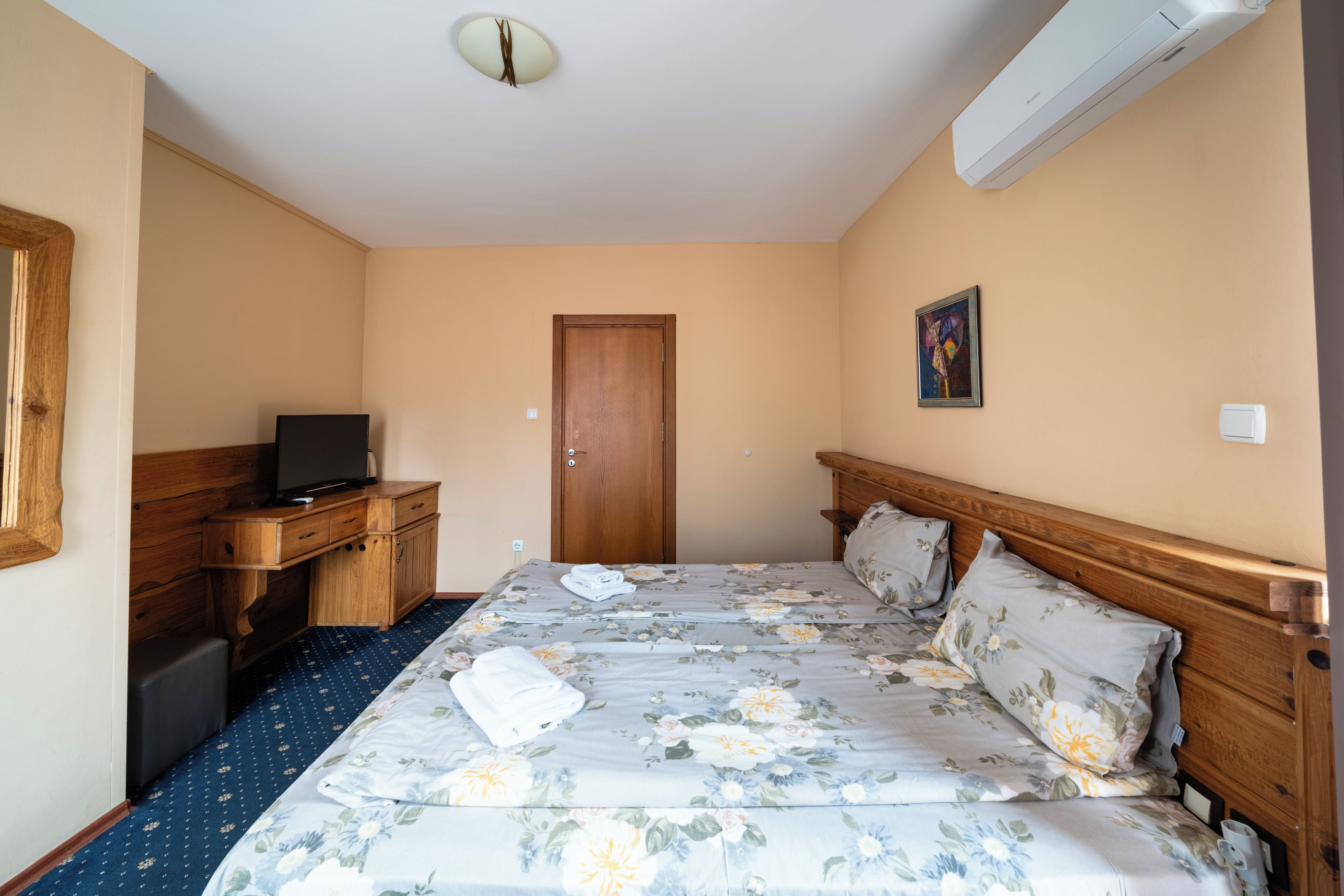 Ein Hotelzimmer mit einem Bett, einem Schreibtisch mit Fernseher, einer Tür und einem Bild an der Wand.