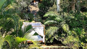 Giardino tropicale con uno stagno, palme e una scala in pietra che conduce a un edificio.
