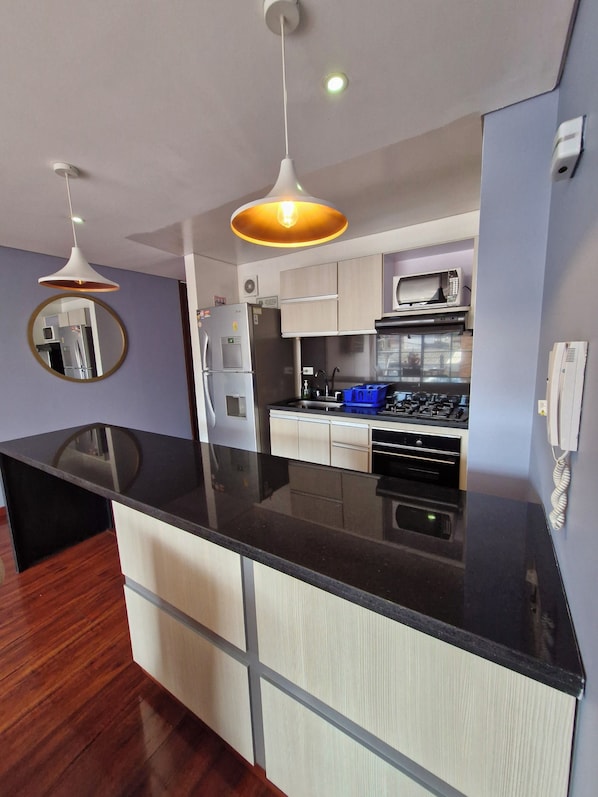 Family Apartment, 3 Bedrooms | Private kitchen | Fridge, blender, cookware/dishes/utensils, cleaning supplies