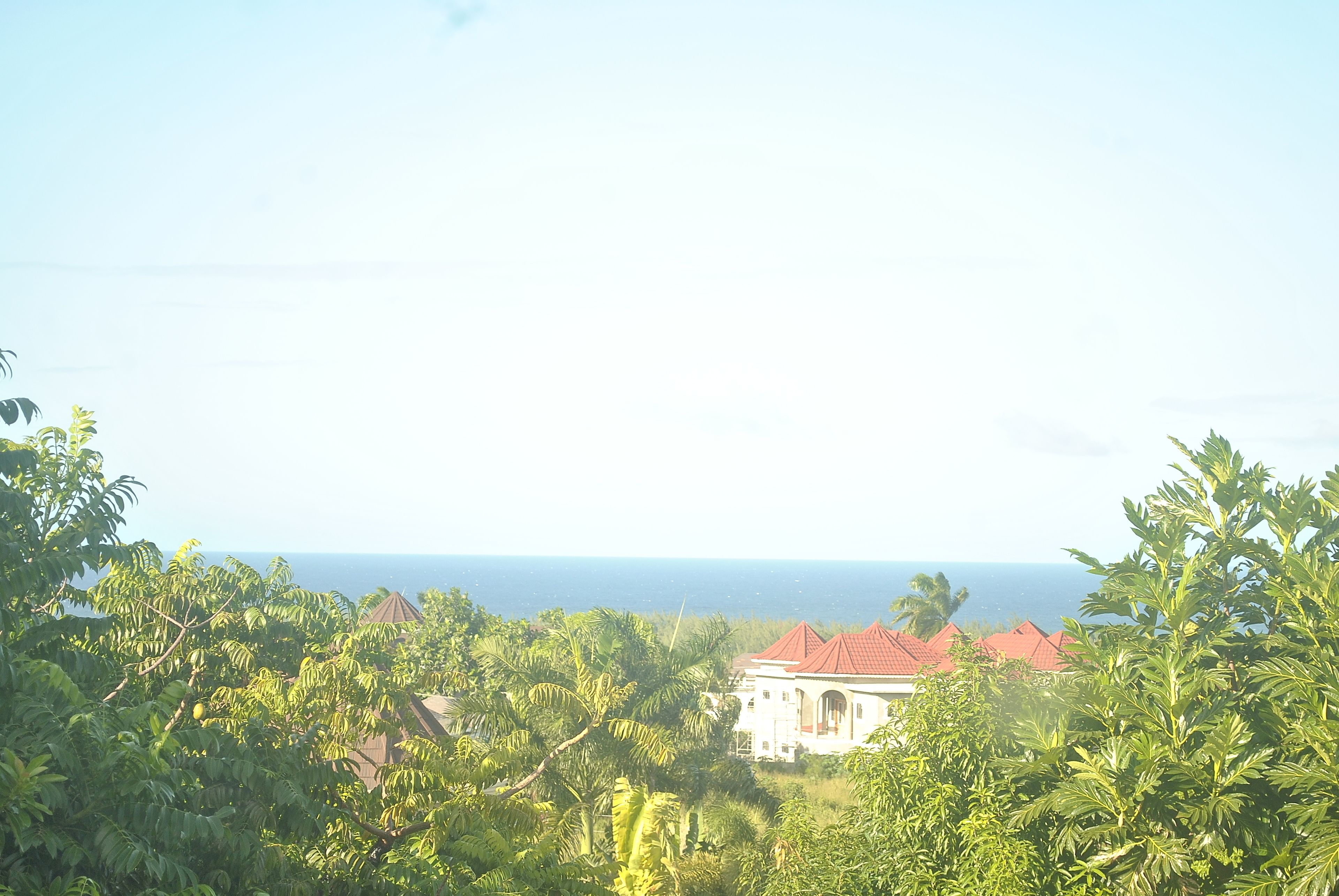 A large building with a red roof surrounded by lush greenery and a view of the ocean.