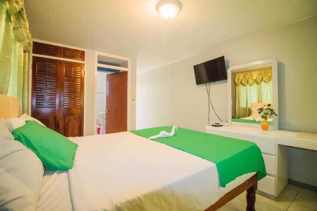 A hotel room with a bed, a desk, a television, and a mirror.