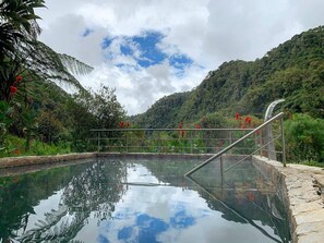 A serene outdoor pool with a metal railing, surrounded by lush greenery and a mountainous backdrop.