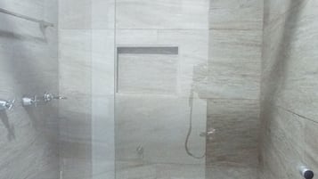 Double Room, 2 Double Beds | Bathroom | Shower, free toiletries, hair dryer, towels