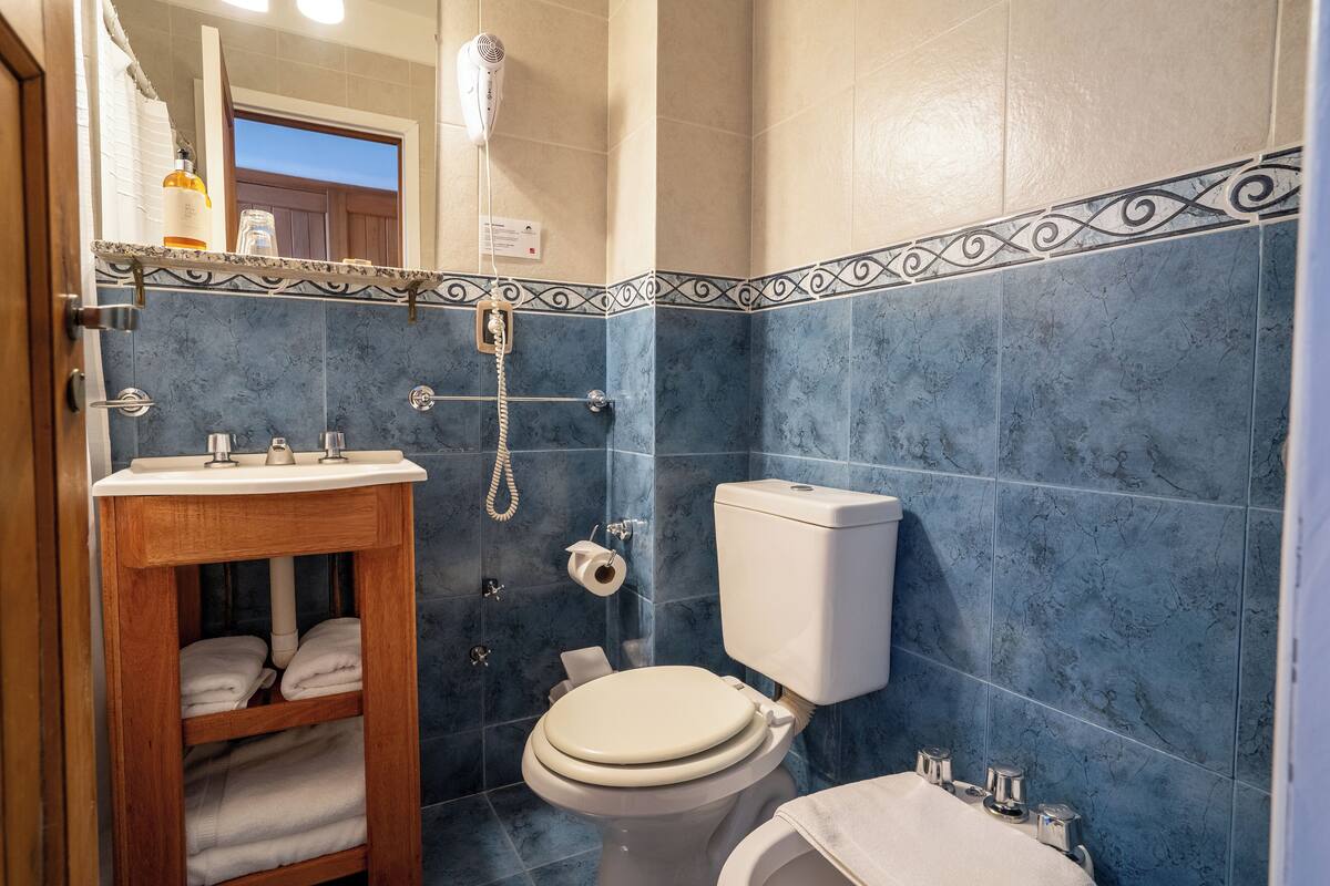 A bathroom with a toilet, sink, and shower.