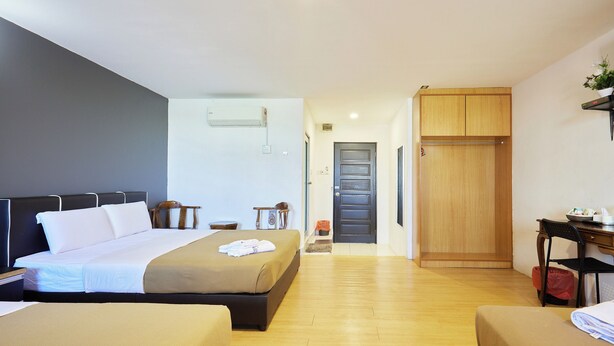 A hotel room with a large bed, a desk, a wardrobe, and a small table with a plant.