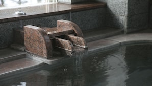 A stone bench by a pool with a water feature. - Rosen Heim HAKUBA (Hakuba)